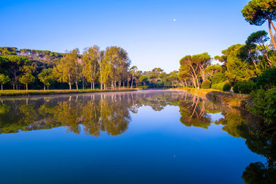 Scenic view of lake against clear blue sky