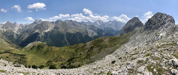 Panoramic view of mountain range against sky