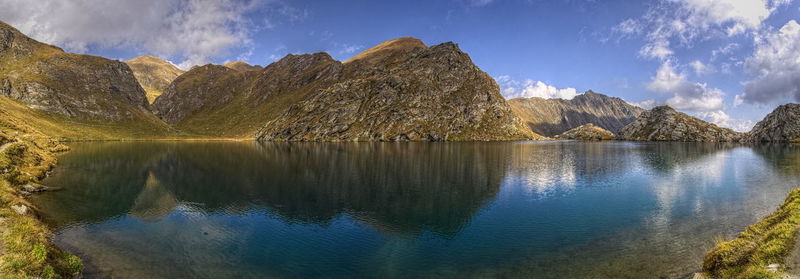 Panoramic view of lake and mountains against sky