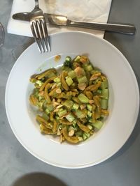 High angle view of vegetables in plate on table