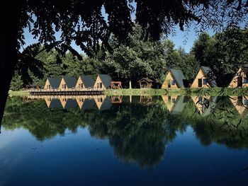 Reflection of trees in lake against sky
