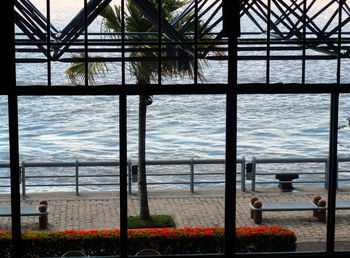 View of sea through city