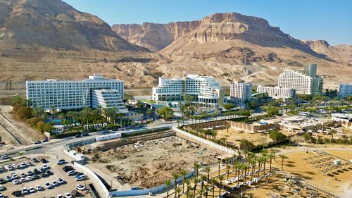 High angle view of buildings in town