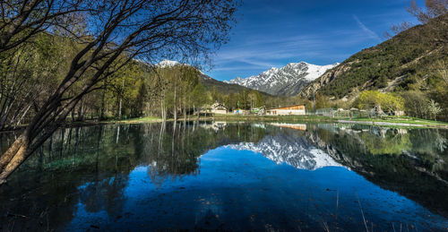 Scenic view of lake by trees against blue sky