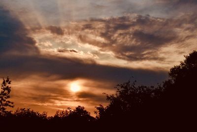 Low angle view of silhouette trees against dramatic sky