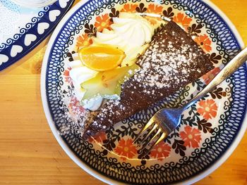 High angle view of food in plate on table