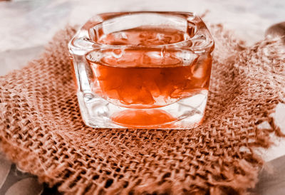 High angle view of ice cream in glass on table