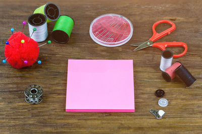 High angle view of sewing item on table