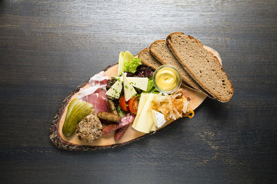 High angle view of meal served on table