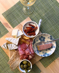 High angle view of breakfast served on table