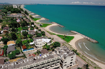 High angle view of beach and buildings in city