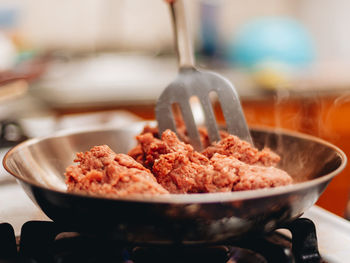 Young millennial woman at home in the kitchen cooking  on gas stove or range 