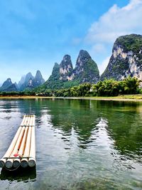 Scenic view of lake by mountains against sky