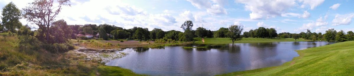 Scenic view of lake against cloudy sky