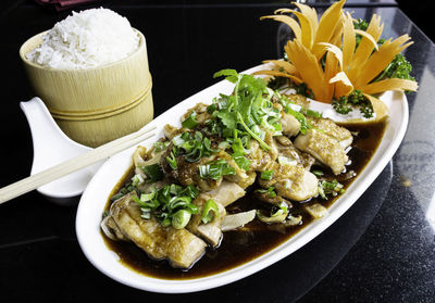 Close-up of meal served on table