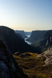 Scenic view of mountains against clear sky in gros morne national park, newfoundland, canada