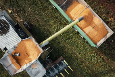 Aerial view of a combine harvesting corn with a modern machine, effective harvest
