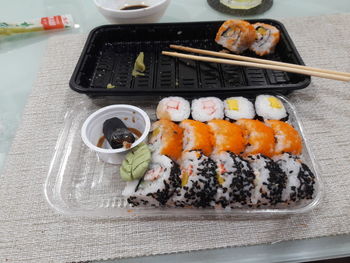 High angle view of sushi on plate