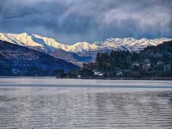 Scenic view of snowcapped mountains against sky