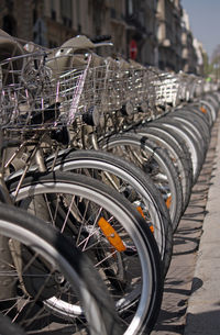 Row of rental bikes in paris, france