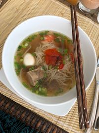 High angle view of soup in bowl on table