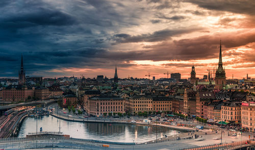 Aerial view of cityscape against cloudy sky