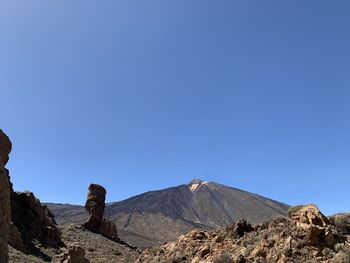 Scenic view of rocky mountains against clear blue sky