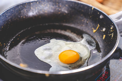 High angle view of breakfast in frying pan