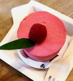 Close-up of strawberry cake on table