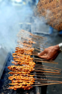 Close-up of person preparing food on barbecue grill