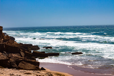 Scenic view of sea against clear blue sky