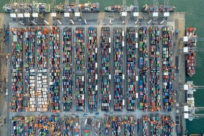 High angle view of boats at harbor