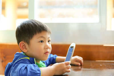 Boy holding toy at home