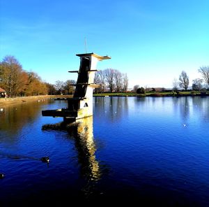 Scenic view of lake against blue sky