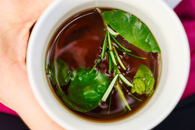 High angle view of tea in bowl