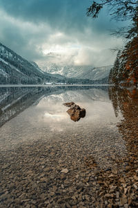 Scenic view of lake against sky during winter