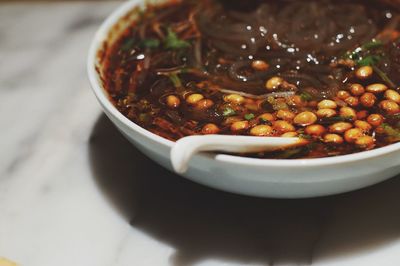 High angle view of noodles in bowl on table