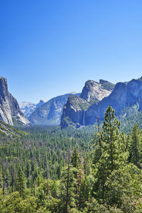 Scenic view of mountains against clear blue sky
