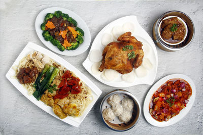 High angle view of food served on table