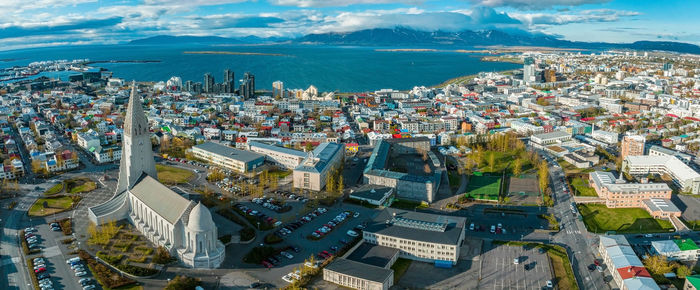 Beautiful aerial view of reykjavik, iceland. sunny day