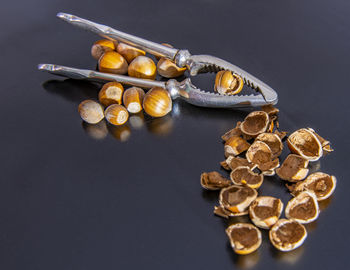 High angle view of coins