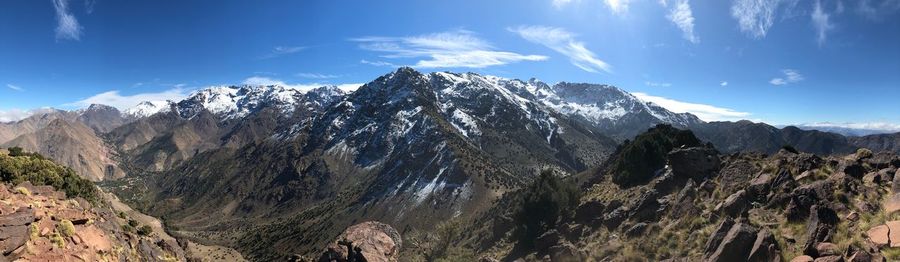 Panoramic view of snowcapped mountains against sky