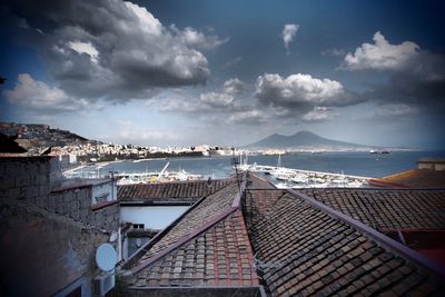 High angle view of buildings against cloudy sky