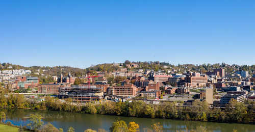 River and townscape against clear blue sky