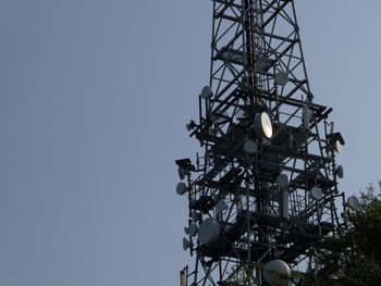 Low angle view of communications tower against clear sky