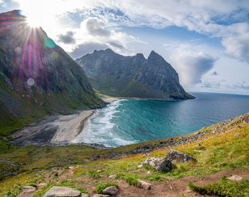 Scenic view of sea and mountains against sky