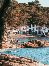 Houses by sea against buildings in city