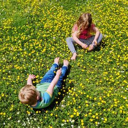 Girl with brother on flowering field during sunny day