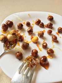 High angle view of dessert in plate on table