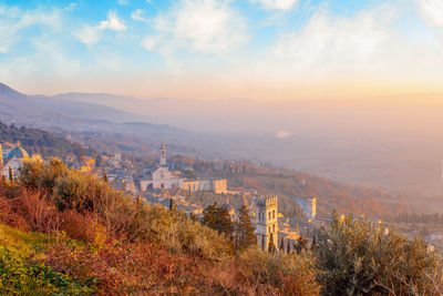 High angle view of townscape against sky at sunset